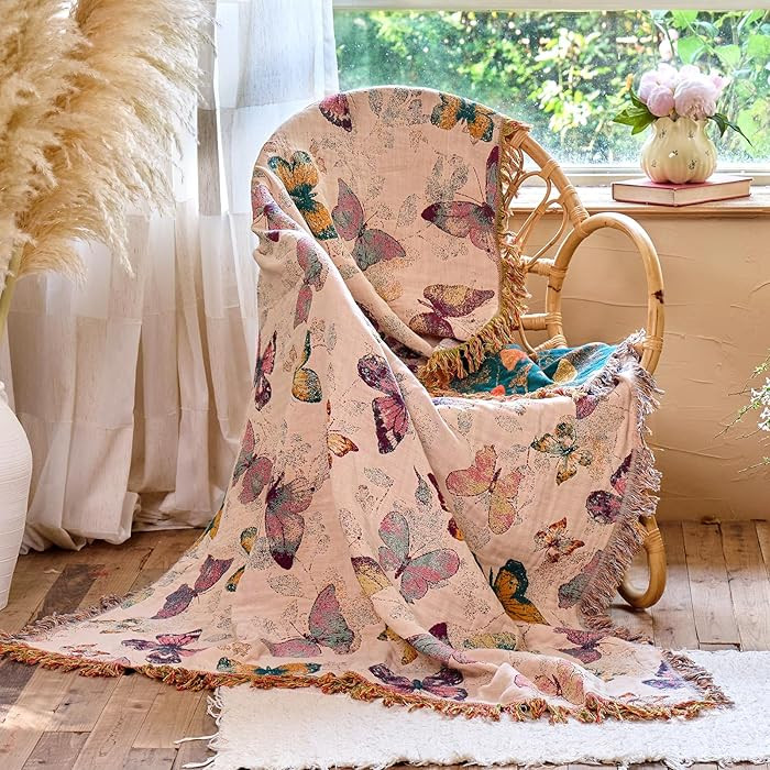 Boho Butterfly Throw Blanket 60"x80" Twin Size Bed Blanket,100% Cotton Reversible Soft Breathable... | Amazon (US)