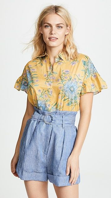 Yellow Van Gogh Floral Printed Ruffle Sleeve Shirt | Shopbop