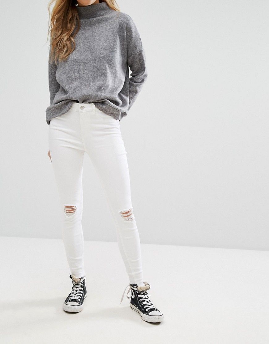 New Look Distressed Knee Skinny Jeans - White | ASOS US