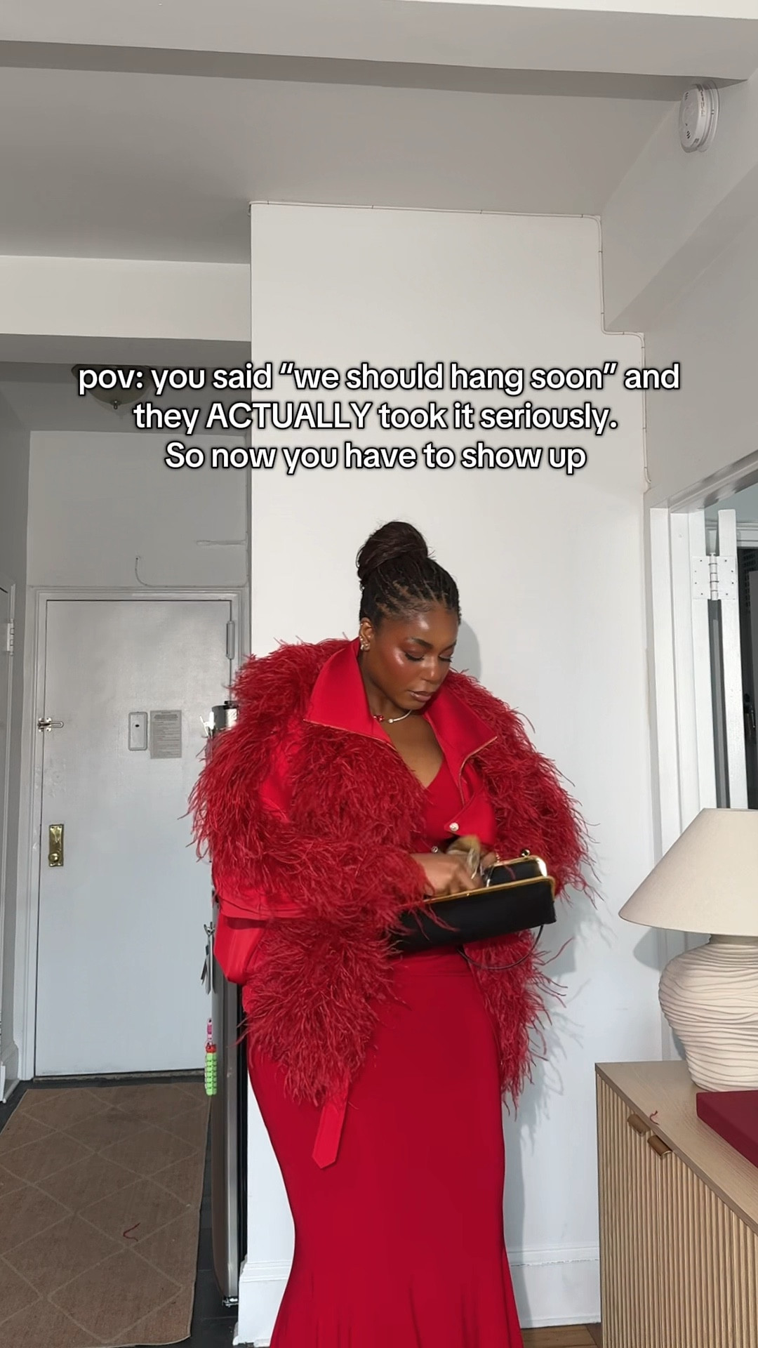 Social plans? Let’s do it. Wearing this statement monochrome outfit ! Wearing a red feather jacket and red maxi dress. Styled with a kiss lock clutch bag from asos. Linking similar pieces below! … For more links to gallery wall, date night outfits, winter denim, sunday hoodie, vacation outfits beach, work outfits, resort wear, winter outfits women, business casual, follow me on LTK! ✨

#LTKgrwm #LTKootd #LTKSeasonal