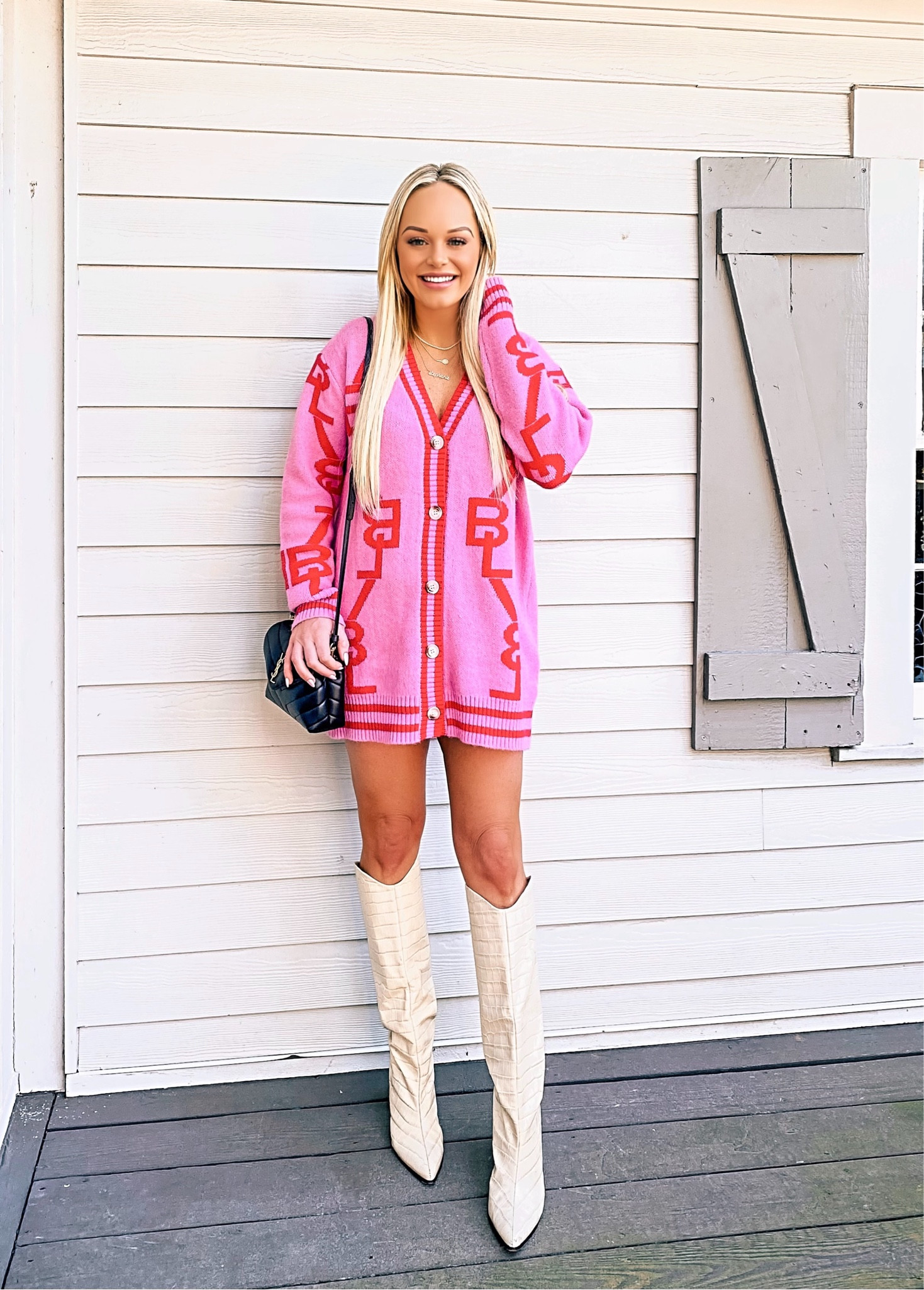Sweater dress, white knee high boots  

#LTKStyleTip #LTKShoeCrush #LTKItBag