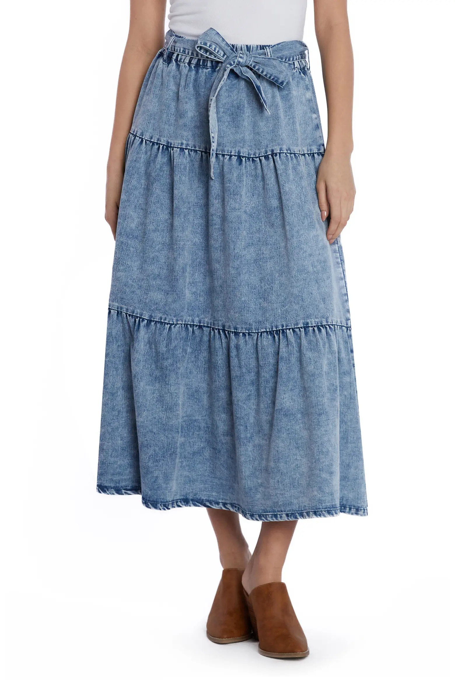 Wash Lab Denim Tiered Tie Belt Denim Maxi Skirt (Women) | Nordstrom | Nordstrom