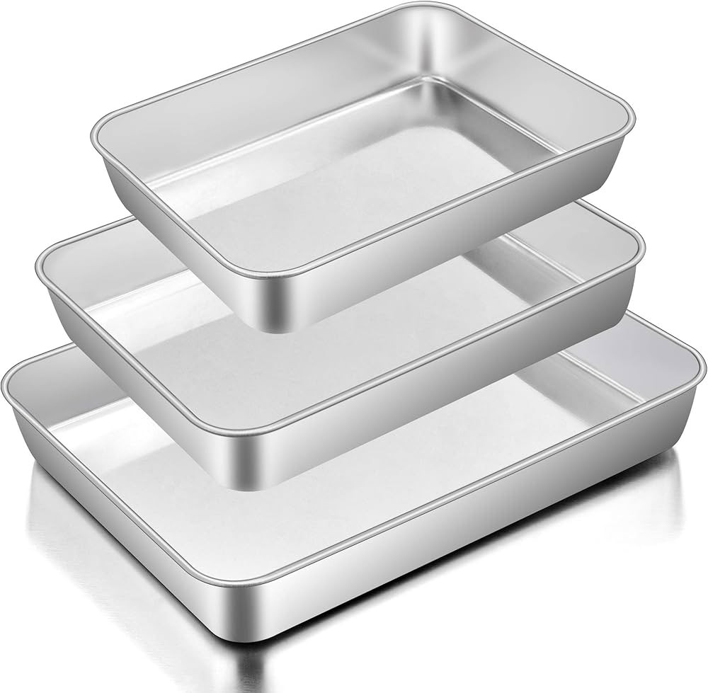 E-far Baking Pans Set of 3, Stainless Steel Sheet Cake Pan for Oven - 12.5/10.5/9.4Inch, Rectangl... | Amazon (US)