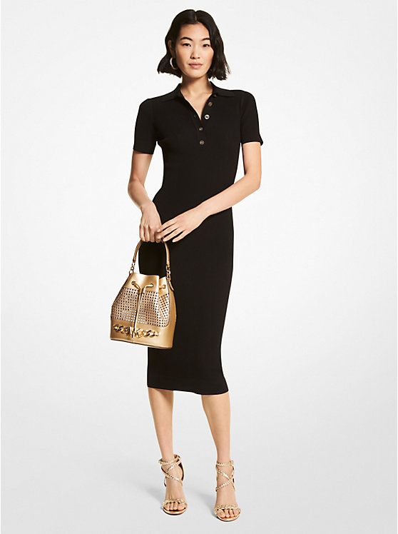 Logo Button Ribbed Viscose Blend Polo Dress | Michael Kors US