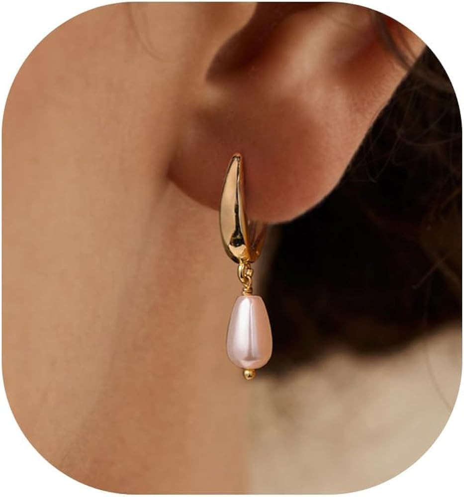 Pearl Earrings-14K Gold Plated Dainty Pearl Drop Dangle Earrings Small Hoop Pearl Huggie Earrings... | Amazon (US)
