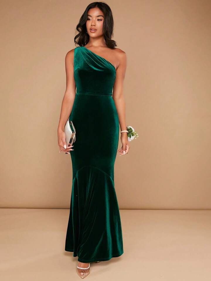 SHEIN Belle One Shoulder Mermaid Hem Velvet Bridesmaid Dress, Elegant Formal Evening Prom Wedding... | SHEIN