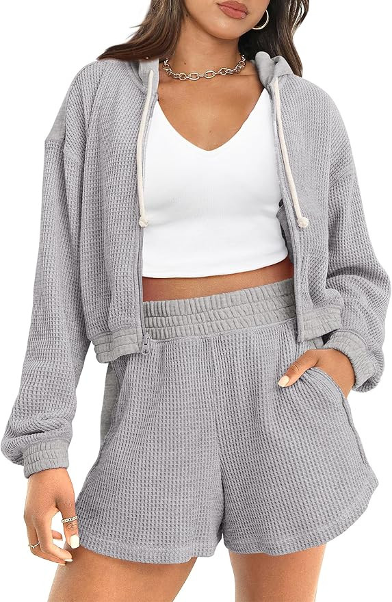 PRETTYGARDEN Women's 2024 Fall Two Piece Outfits Waffle Knit Tracksuit Long Sleeve Zip Up Hoodie ... | Amazon (US)