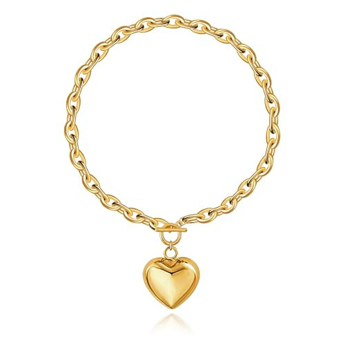 PEALICIOUS Chunky Heart Necklace, Mothers Day Gifts Gold Heart Necklace Statement Chunky Necklaces for Women Trendy with Toggle Clasp, 14k Gold Charm Puffy Heart Pendant Collar Thick Chain for Summer | Amazon (US)