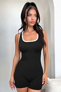 OQQ Women Rompers Sleeveless Square Neck Stretch Contrast Workout Active Tank Romper | Amazon (US)