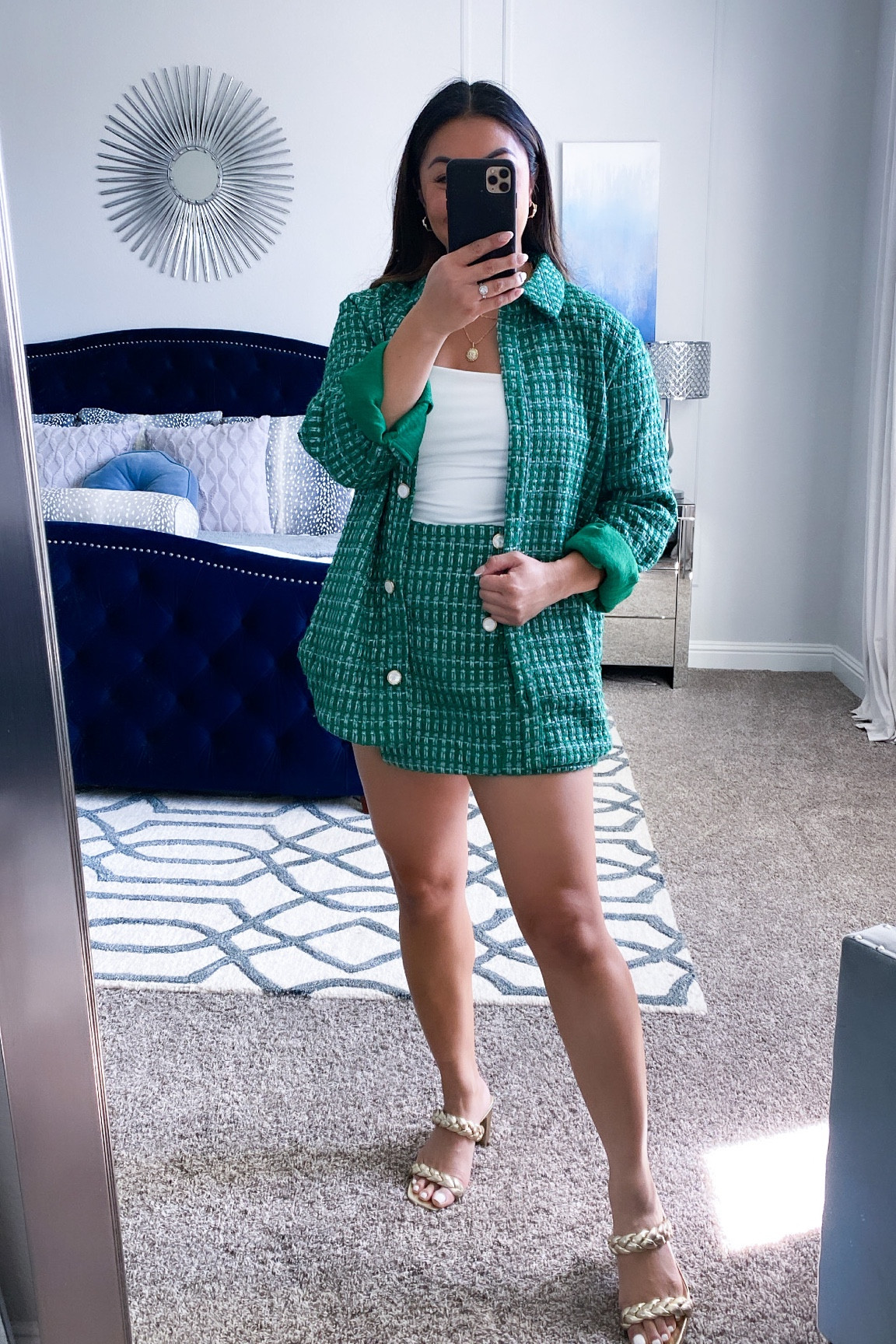 Green tweed outfit 
Wearing a medium in both pieces 