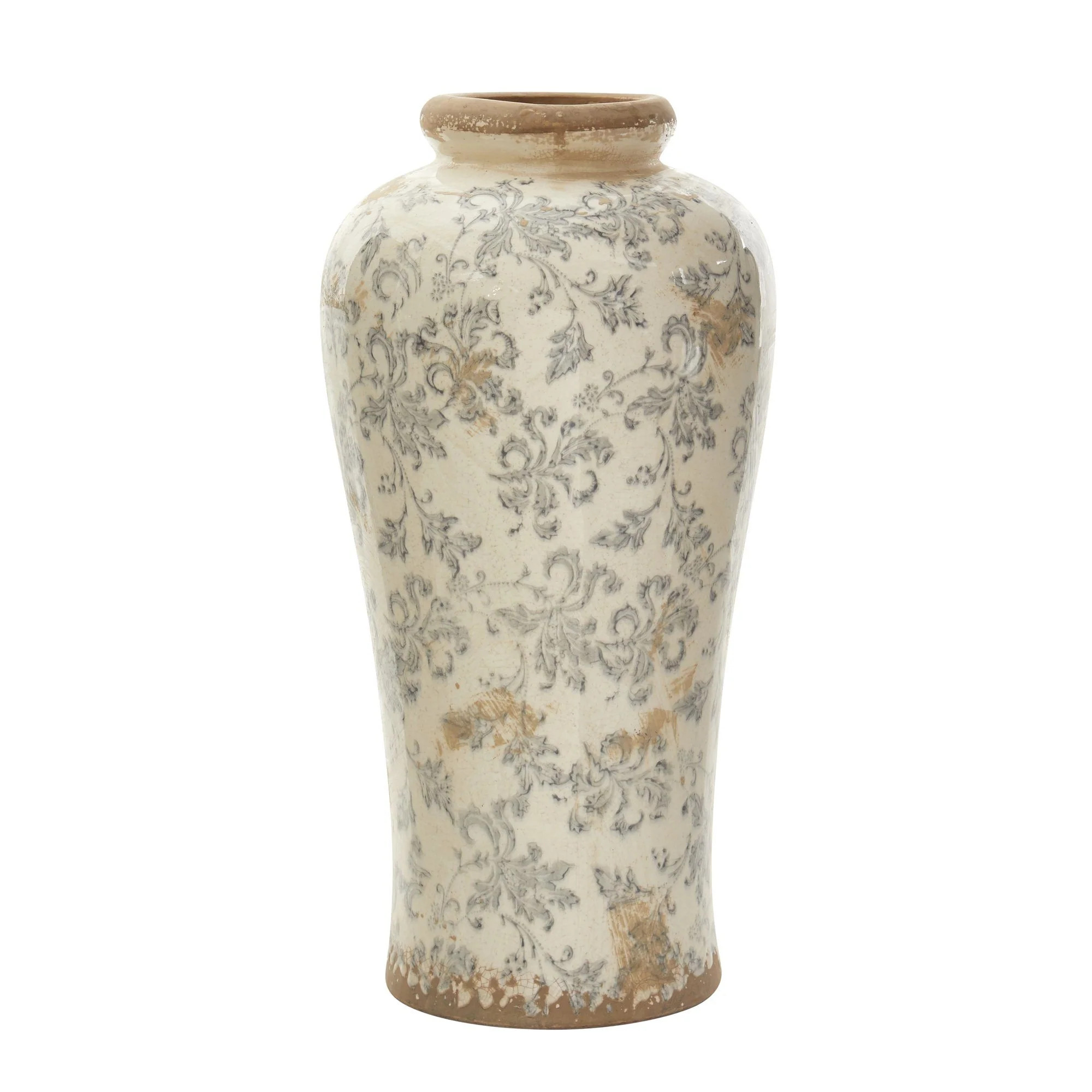 16” Tuscan Ceramic Floral Scroll Urn Vase | Nearly Natural | Nearly Natural