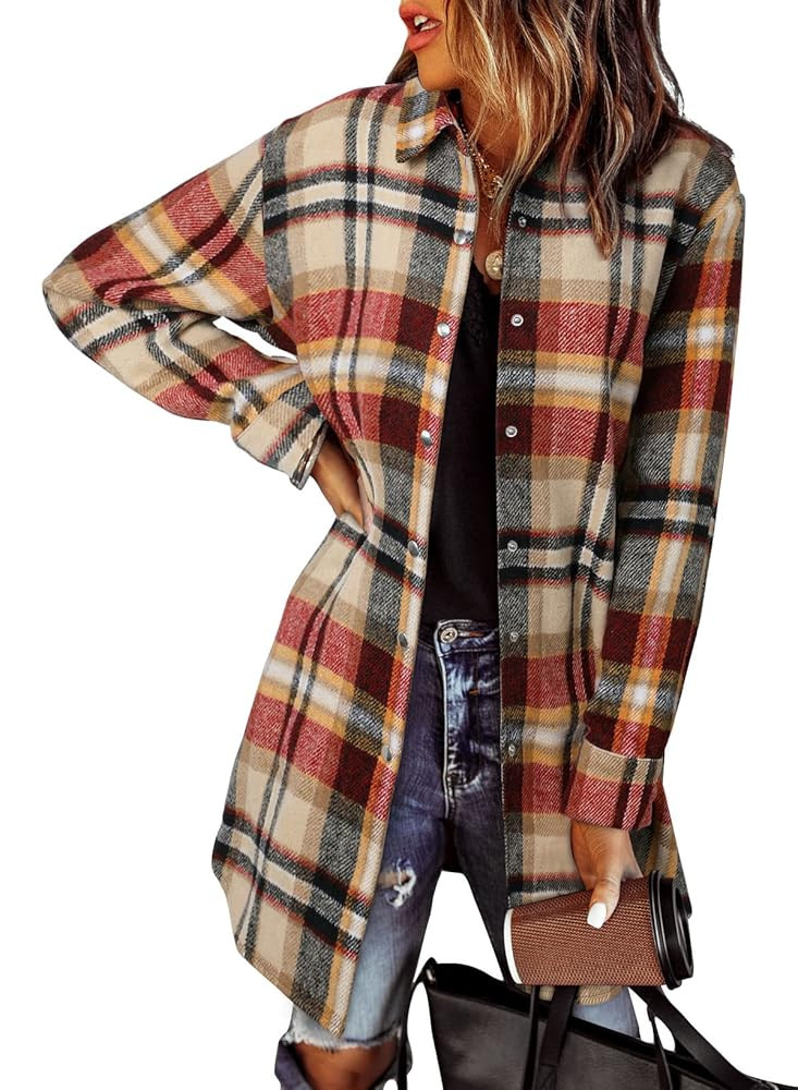 EVALESS Color Block Plaid Shacket Jacket Womens Fall Clothes Fashion Outfits | Amazon (US)