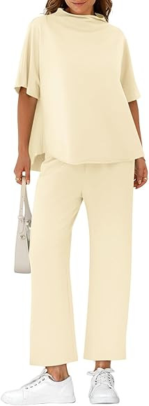 Yousify Women's Lounge Set 3/4 Batwing Sleeve Capelet Crew Neck Pullover Top Wide Leg Pants Two P... | Amazon (US)