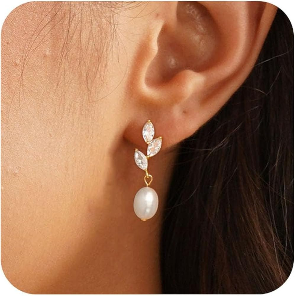 Dainty Gold Pearl Earrings for Women, Trendy 14k Gold Filled Freshwater CZ Leaf Bow Pearl Dangle ... | Amazon (US)