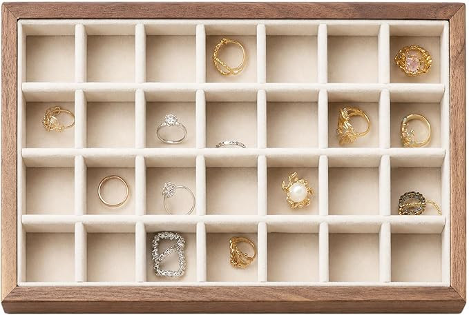 28-Grid Black Walnut Wooden Jewelry Tray with Velvet Lining, Premium Jewelry Display Tray for Ear... | Amazon (US)