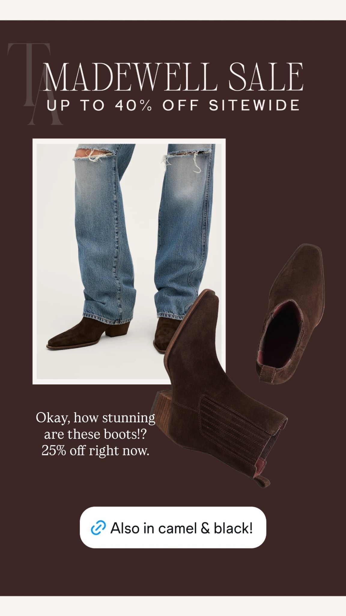 @madewell  Okay, how stunning are these boots!?
25% off right now.
