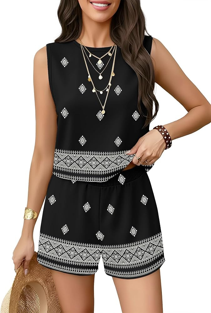 2 Piece Sets for Women Summer Lounge Short Sets Tank Tops Crew Neck Sleeveless and Bottom Matchin... | Amazon (US)