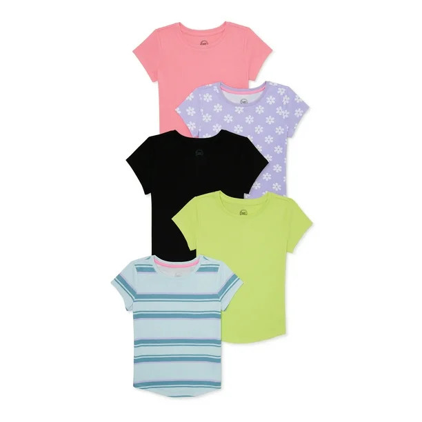 Wonder Nation Girls Kid Tough Crewneck T-Shirt with Short Sleeves, 5-Pack, Sizes 4-18 & Plus | Walmart (US)