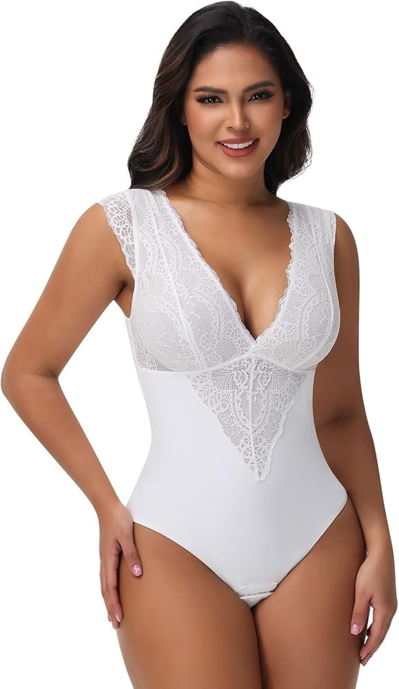 SHAPERIN Sexy Lace Bodysuit for Women Tummy Control Thong Shapewear Deep V Neck Body Suits Corset... | Amazon (US)