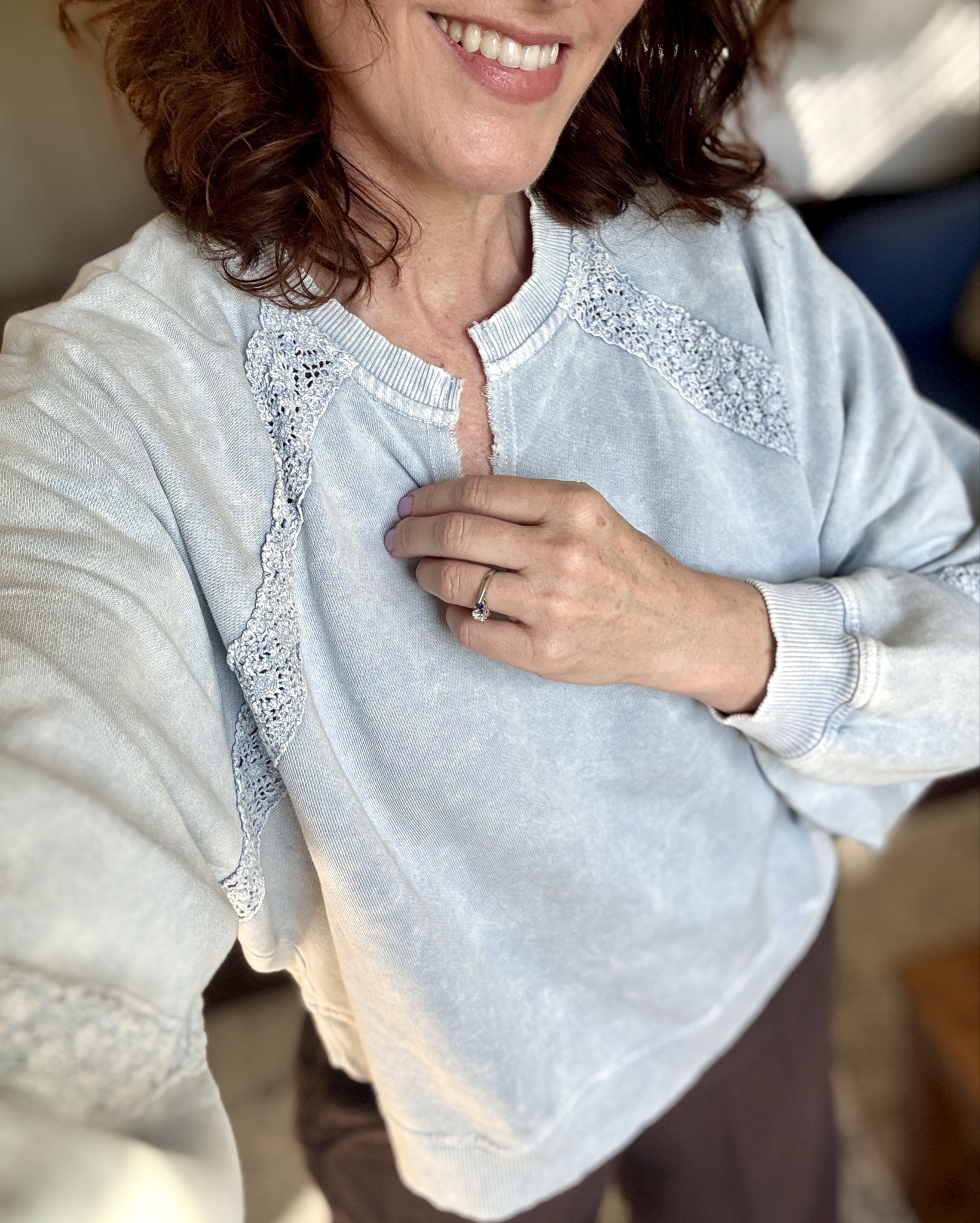 On sale for $32!  Cute, stylish and so soft! These  sweatshirts with the crochet lace trim are darling, cozy and come in several different colors. I couldn’t resist the blues (both navy and light blue). 

#sweatshirt #aerie #americaneagle 

#LTKSaleAlert #LTKOver40 #LTKFindsUnder50