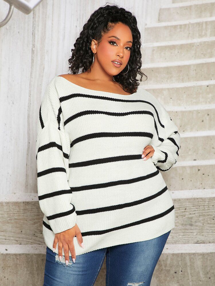 SHEIN FIT+ Plus Striped Pattern Drop Shoulder Sweater | SHEIN