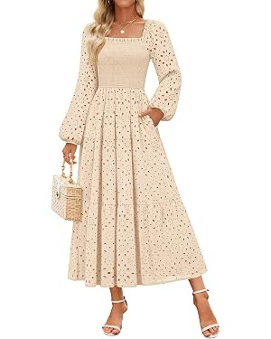 ZESICA Women's Fall Long Sleeve Maxi Dresses 2025 Square Neck Hollow Out Eyelet Smocked A Line Bo... | Amazon (US)