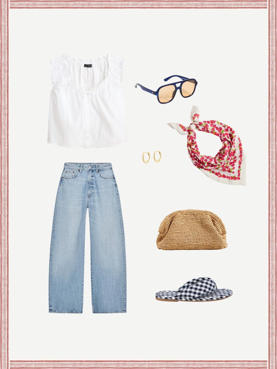 Soft girl summer, but make it patriotic 🇺🇸 This look gives sweet vintage vibes with a darling ruffle tank, wide-leg denim, gingham slides, and the cutest strawberry scarf. Perfect for all your 4th plans or just dressing like you have them 😏 Everything linked! 🧺🍓 

 #LTKSeasonal #LTKFindsUnder100 #LTKStyleTip