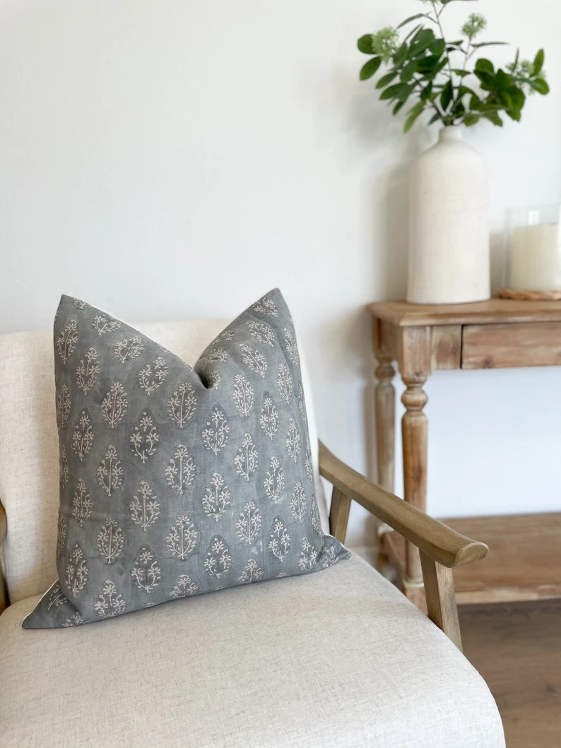 Waverly |Decorative Pillow Cover | Coastal Blue | Neutral Home Decor | Designer Block Print | Etsy (Global)