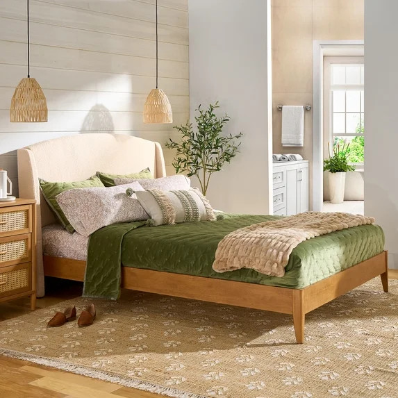 Better Homes & Gardens Cama Queen Tapizada Springwood, Acabado de Borreguillo y Miel Clara | Walmart (US)