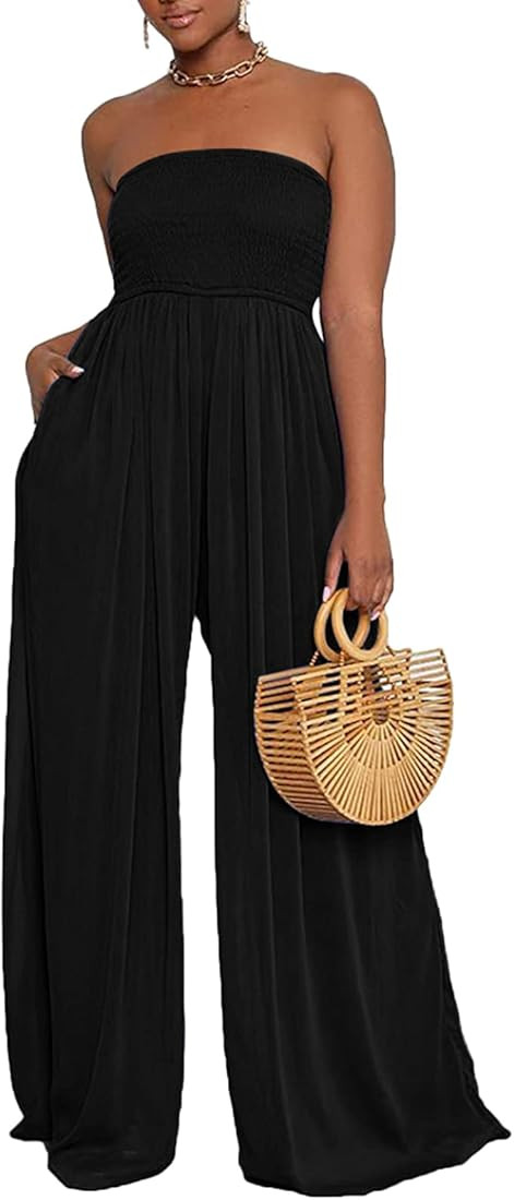 Ophestin Women's Strapless Tube Wide Leg Jumpsuits Smocked Casual Off Shoulder Loose Long Pants One  | Amazon (US)