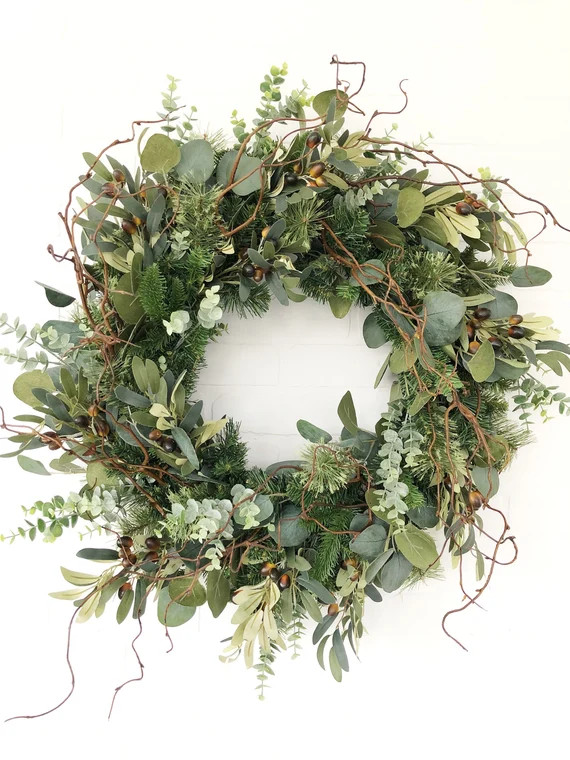Eucalyptus Olive Winter Wreath, Holiday Wreath, Rustic Christmas Wreath | Etsy (US)