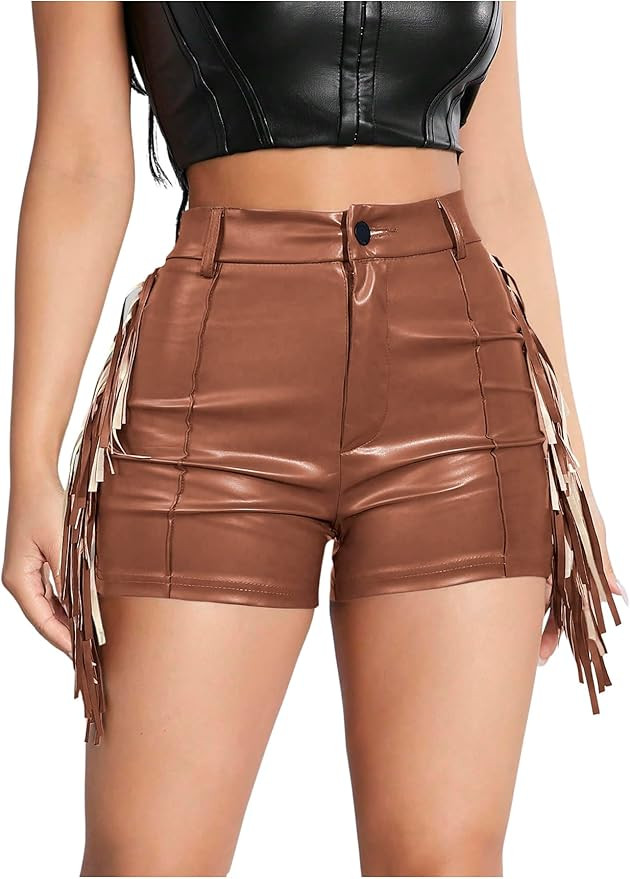 Women's Y2K Sexy Faux Leather Shorts Fringe Tassel Festival Rave Micro Shorts Western Cowgirl Out... | Amazon (US)
