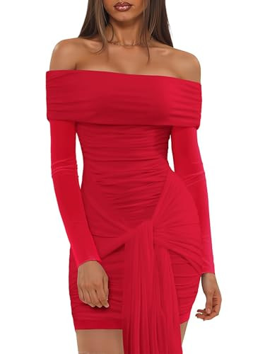 Off The Shoulder Mesh Dress Long Sleeve Ruched Bodycon Dress for Women Tie Waist Dresses | Amazon (US)