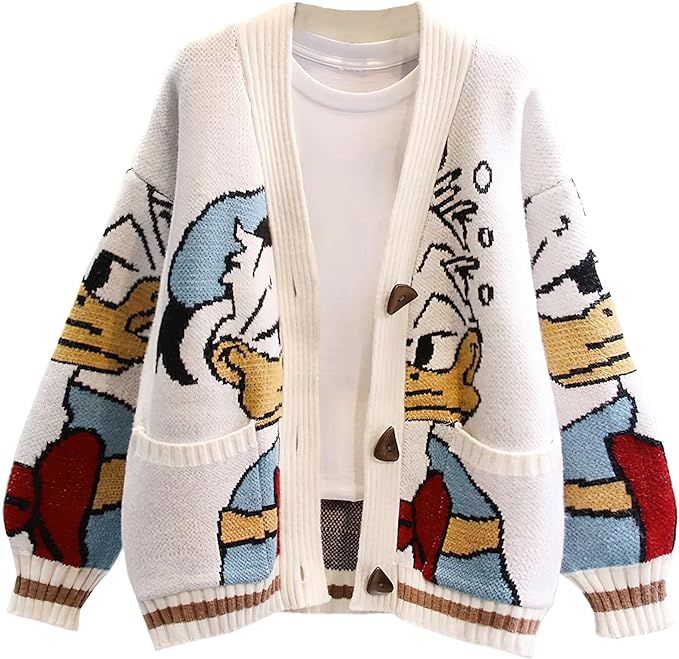 Womens Cute Embroidery Cartoon Duck Cable Knit Cardigans Sweater Button Down Slouchy Wool Blend C... | Amazon (US)