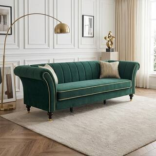 80.5 in. W Flared Arms Velevet Upholstered Rectangle Chesterfield Sofa in Green with Vertical Channel Tufted Back | The Home Depot