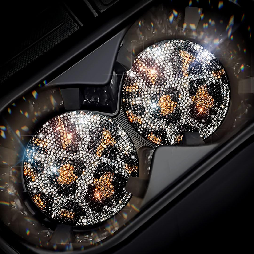 Bling Car Accessories Water Coaster for Women,Leopard Print Rhinestone Car Coasters, Drink Coaste... | Amazon (US)