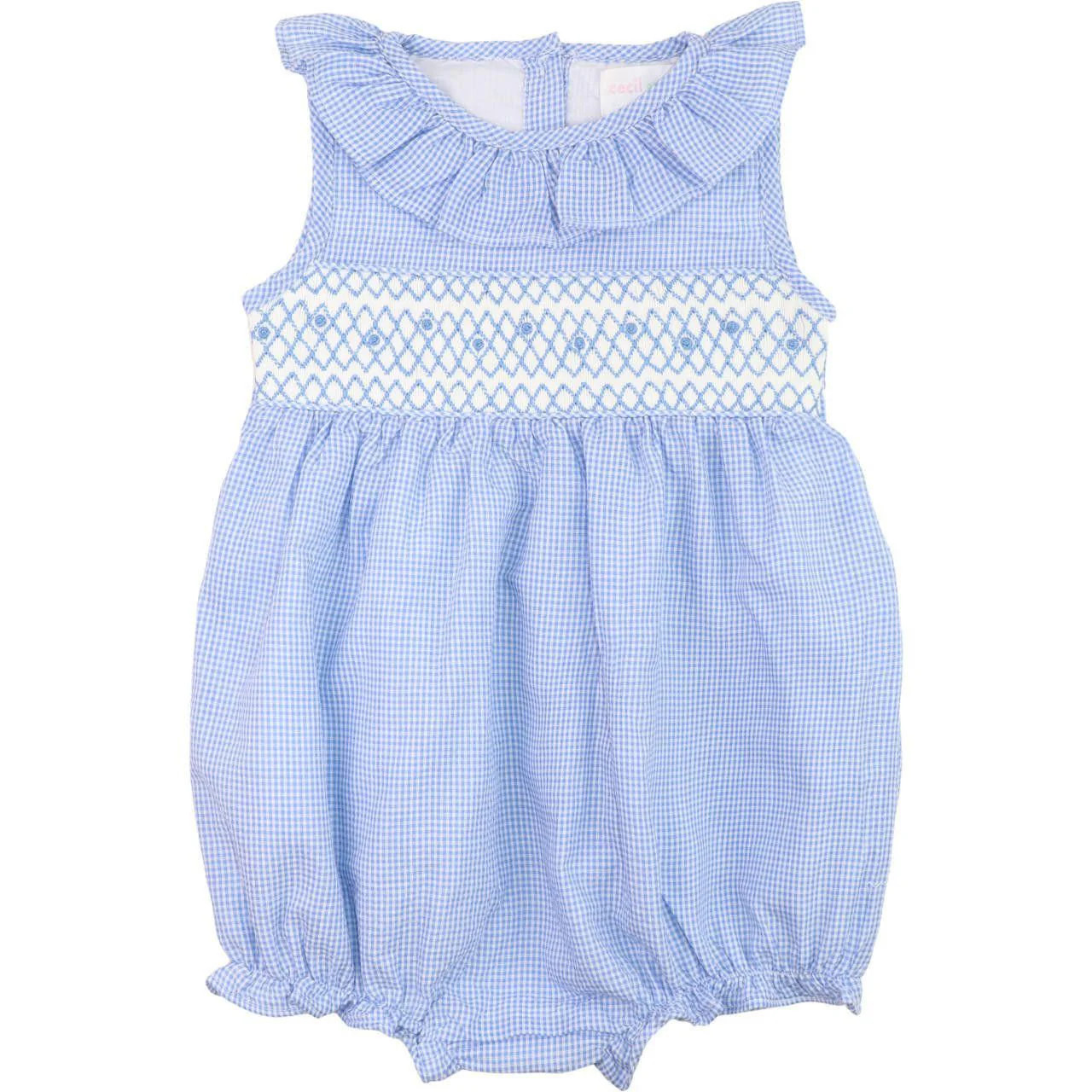 Blue Gingham Seersucker Smocked Rosette Bubble | Cecil and Lou