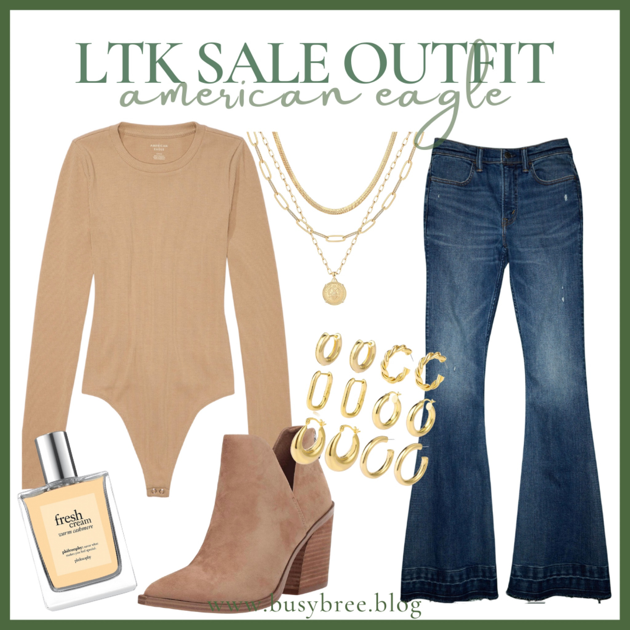Neutral fall outfit - fall flare jeans - American eagle ltk sale outfit - brown booties outfit - gold accessories from Amazon - thanksgiving outfit 

#LTKSale #LTKHoliday #LTKstyletip