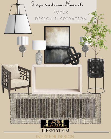 Foyer design inspiration. Recreate this look at home by shopping below. Wood console table. Foyer runner, accent chair, black planter, faux tree, pendant light, wall sconce light, wall art, table lamp, table decor. 

#LTKhome #LTKstyletip #LTKSeasonal
