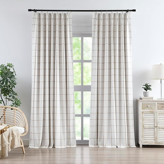 Vision Home Flax Linen Plaid Pinch Pleated Full Blackout Curtains Checkered Thermal Insulated Win... | Amazon (US)