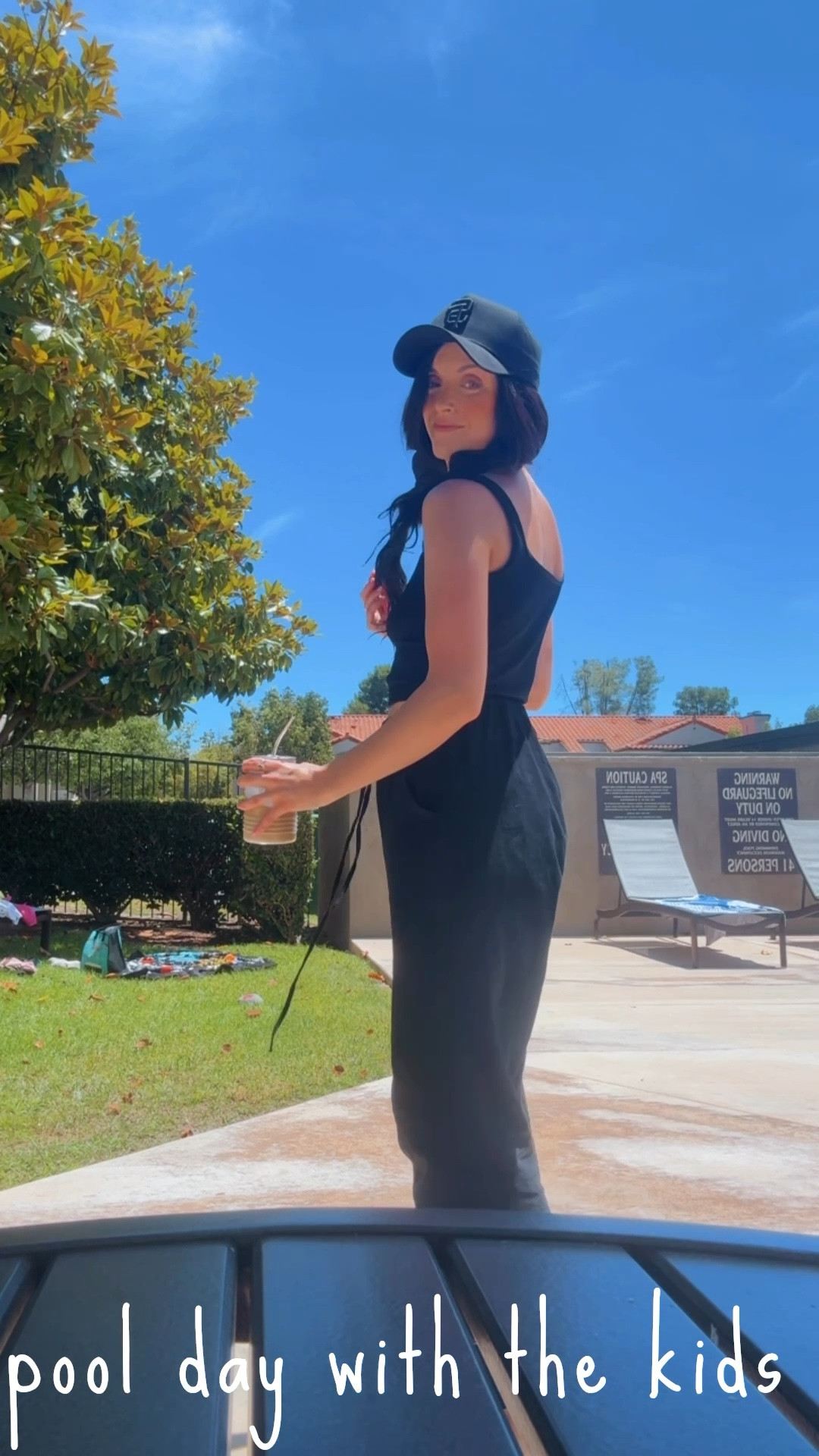 Pool day with the kids 🤍🖤 very casual. #linenpants #summerpoolday #poolday #kidsswim #baseballhat #allblack 