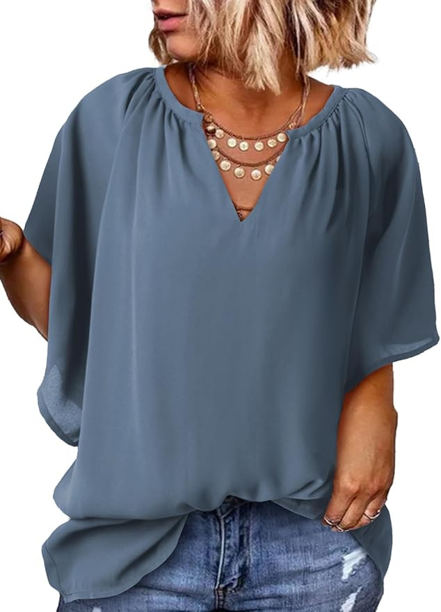 Eytino Womens Plus Size Tops Loose V Neck Bell Short Sleeve Casual Chiffon Blouses Pleated Flowy ... | Amazon (US)