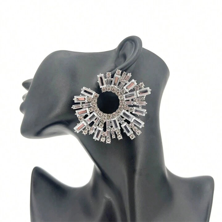 1pair Extra Large Sunburst Design Rhinestone Decor Earrings For Beautiful Women, Suitable For Var... | SHEIN