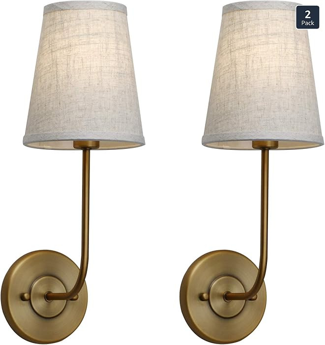 Pathson Set of 2 Vintage Wall Sconces Linen Fabric Shade, Hardwired Bathroom Vanity Lights Brass ... | Amazon (US)