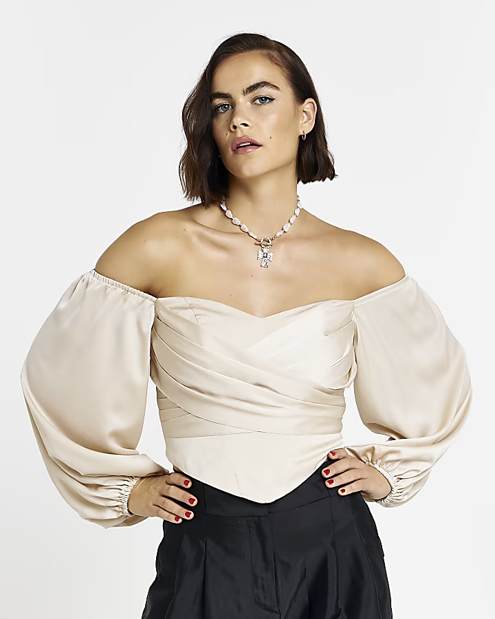 Beige satin bardot corset top | River Island (UK & IE)