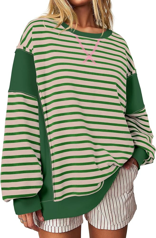 SHEWIN Womens Casual Striped Color Block Long Sleeve Crewneck Sweatshirts Pullover Tops, S-XXL | Amazon (US)