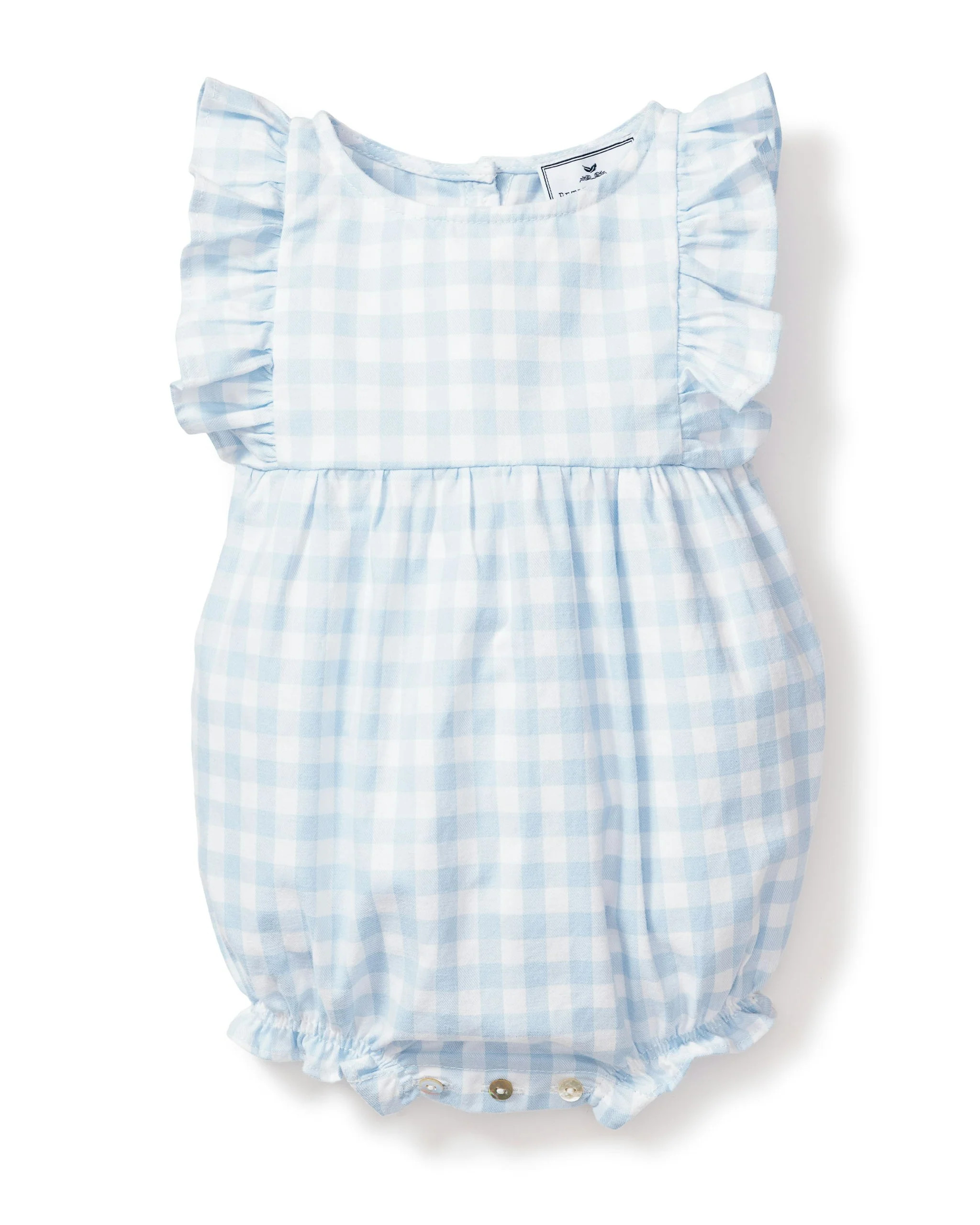 Baby's Twill Ruffled Romper in Light Blue Gingham | Petite Plume