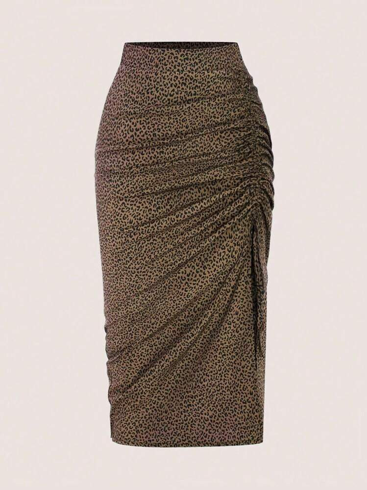 Sweetra Plus Size Leopard Print Drawstring Waist Ruched High Slit Hem Skirt | SHEIN