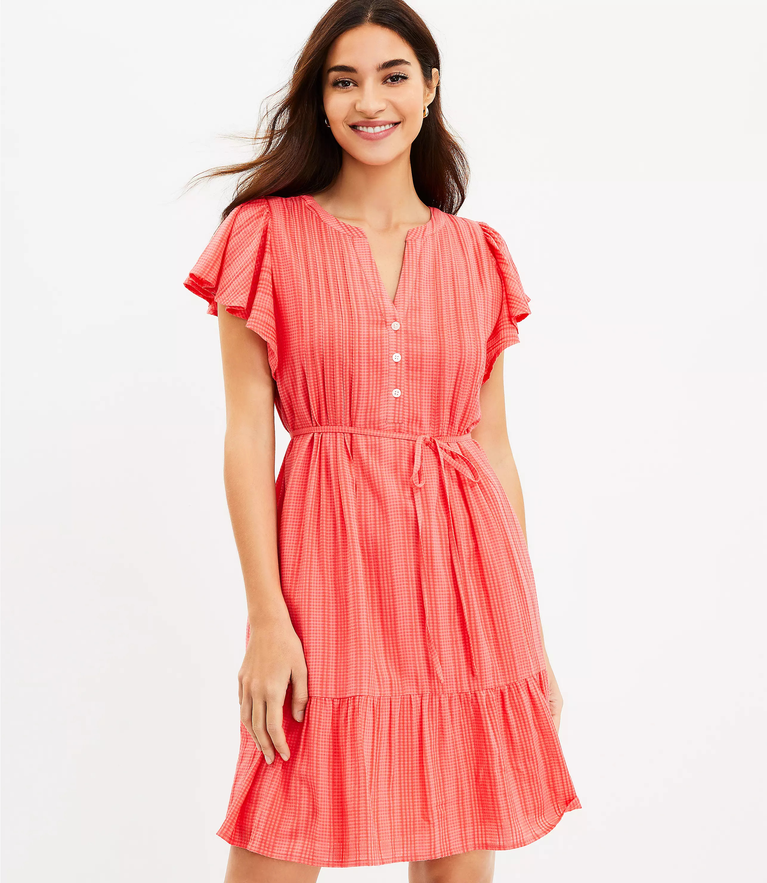 Textured Stripe Flutter Button Swing Dress | LOFT