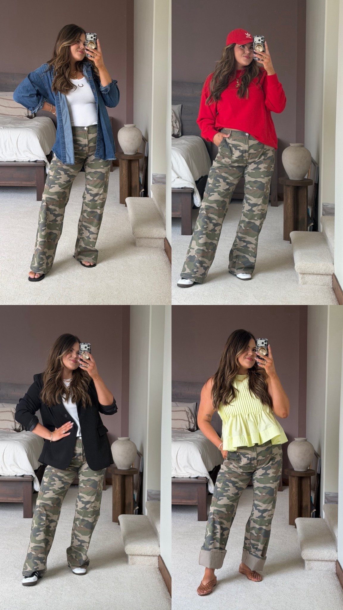 Thick tummy approved spring outfits with camo pants all Mom approved but not “mom vibe”. 

Wearing size large (size 12/14) long in these! 

Soccer mom, sports mom, work outfit, teacher outfit, midsize, postpartum, spring 2026 ￼